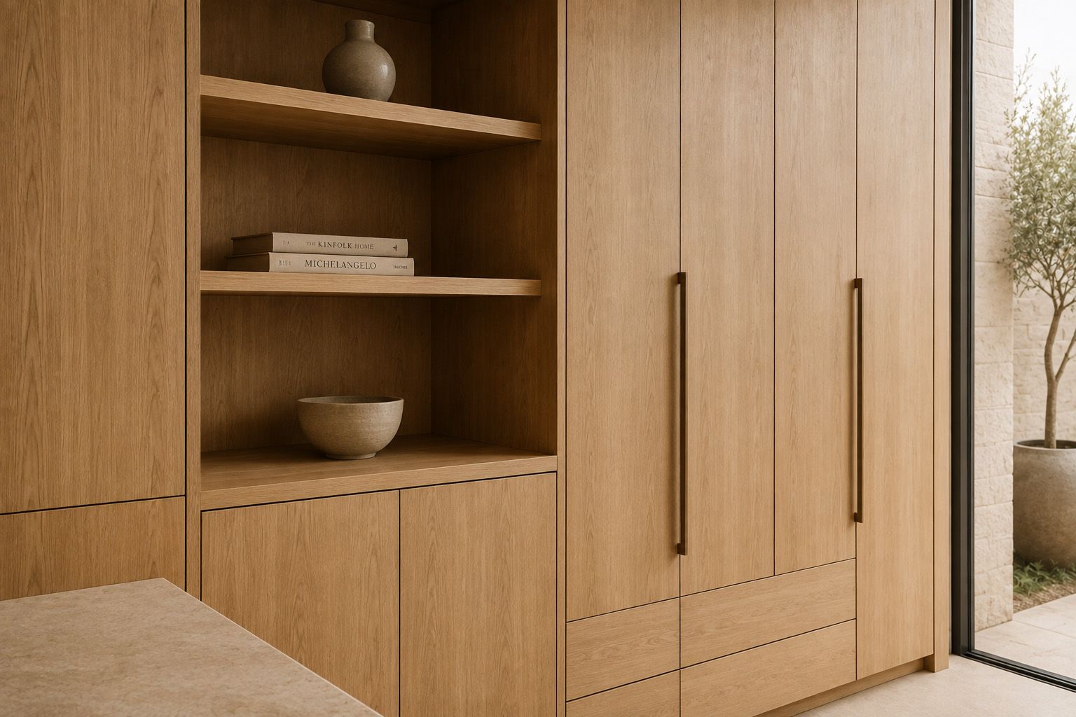 Bespoke wood cabinetry fitted seamlessly into architectural recess
