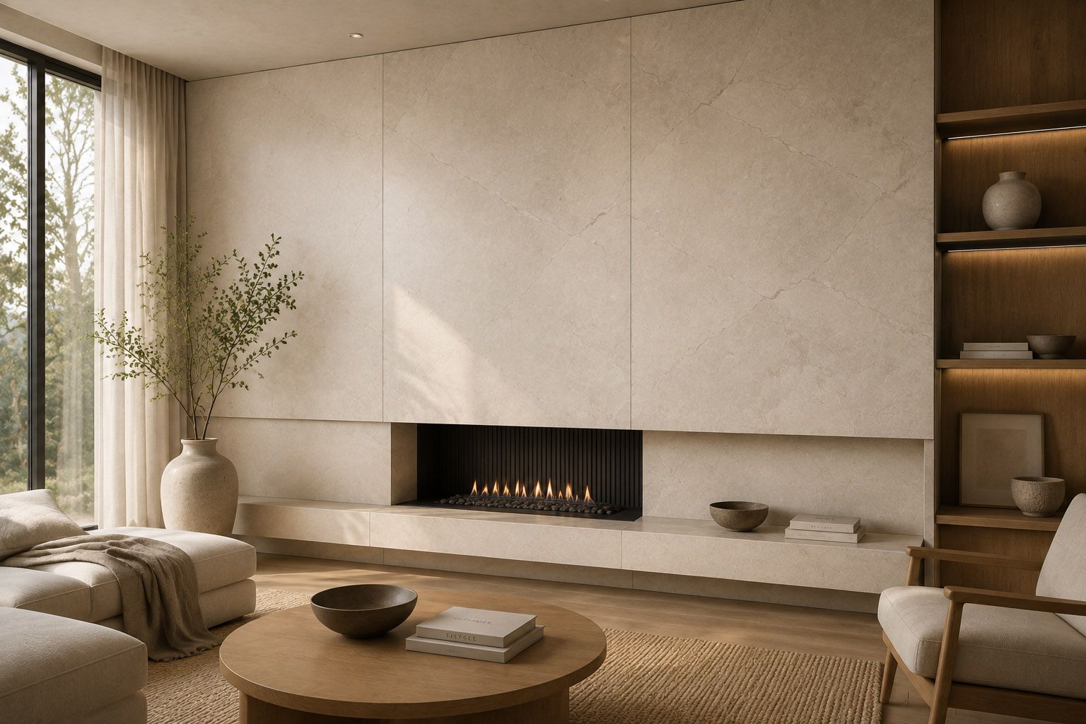 Seamless porcelain panel wall cladding living room