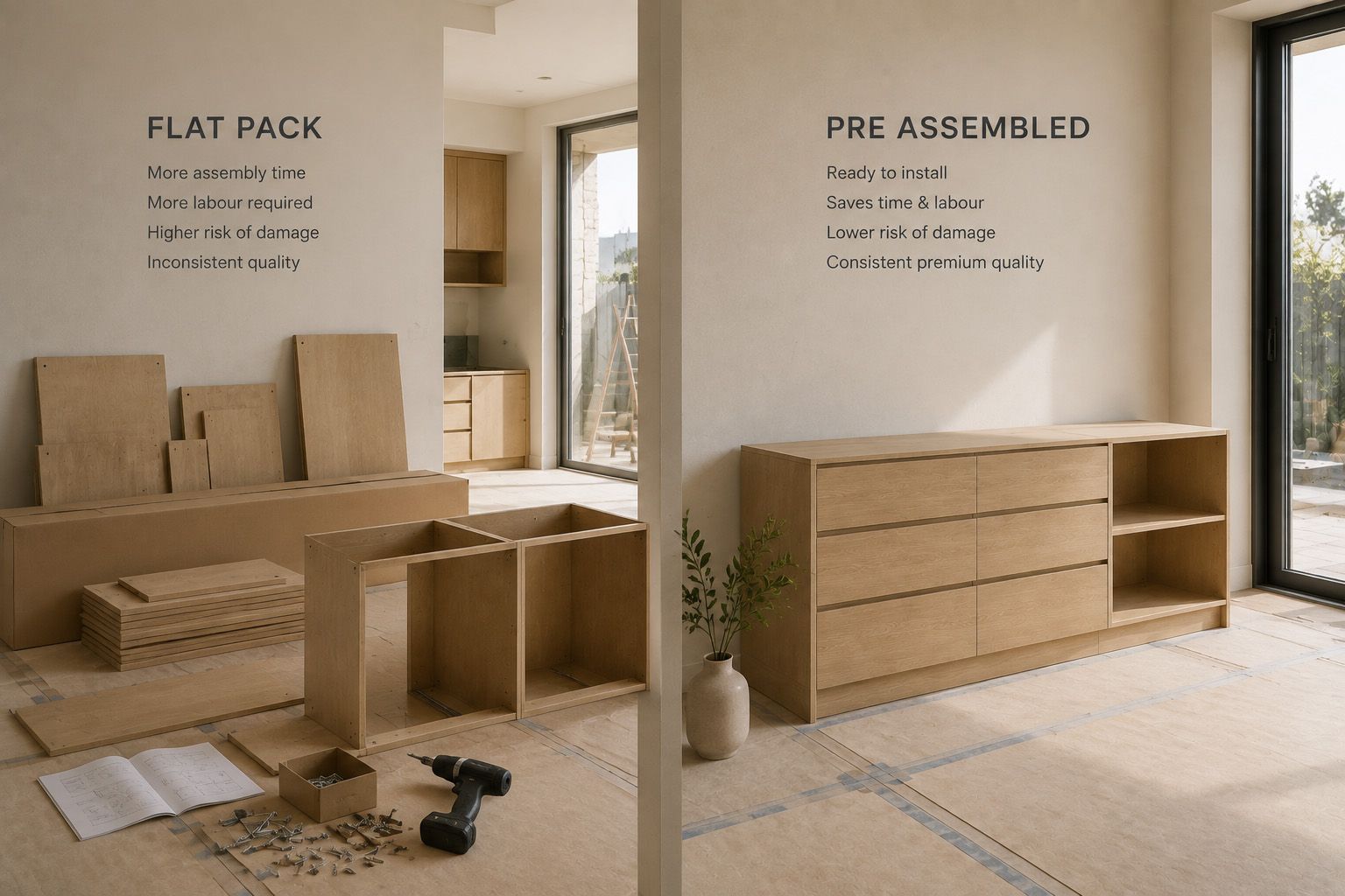 Flat pack vs pre assembled furniture comparison construction site