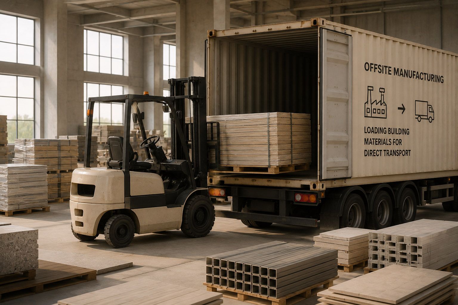 Offsite manufacturing loading building materials for direct transport