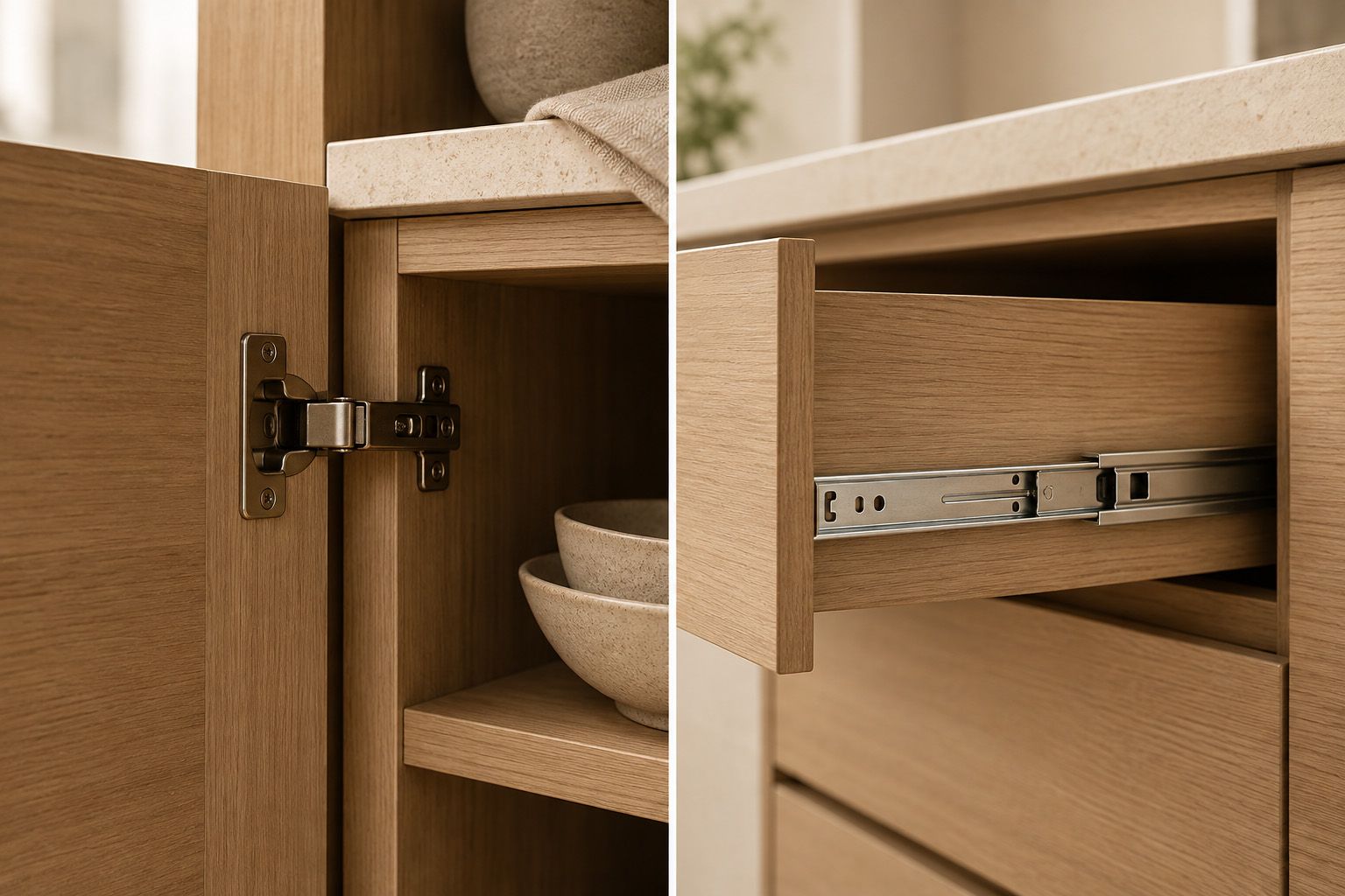 Modern cabinet soft close hinges and drawer slides detail