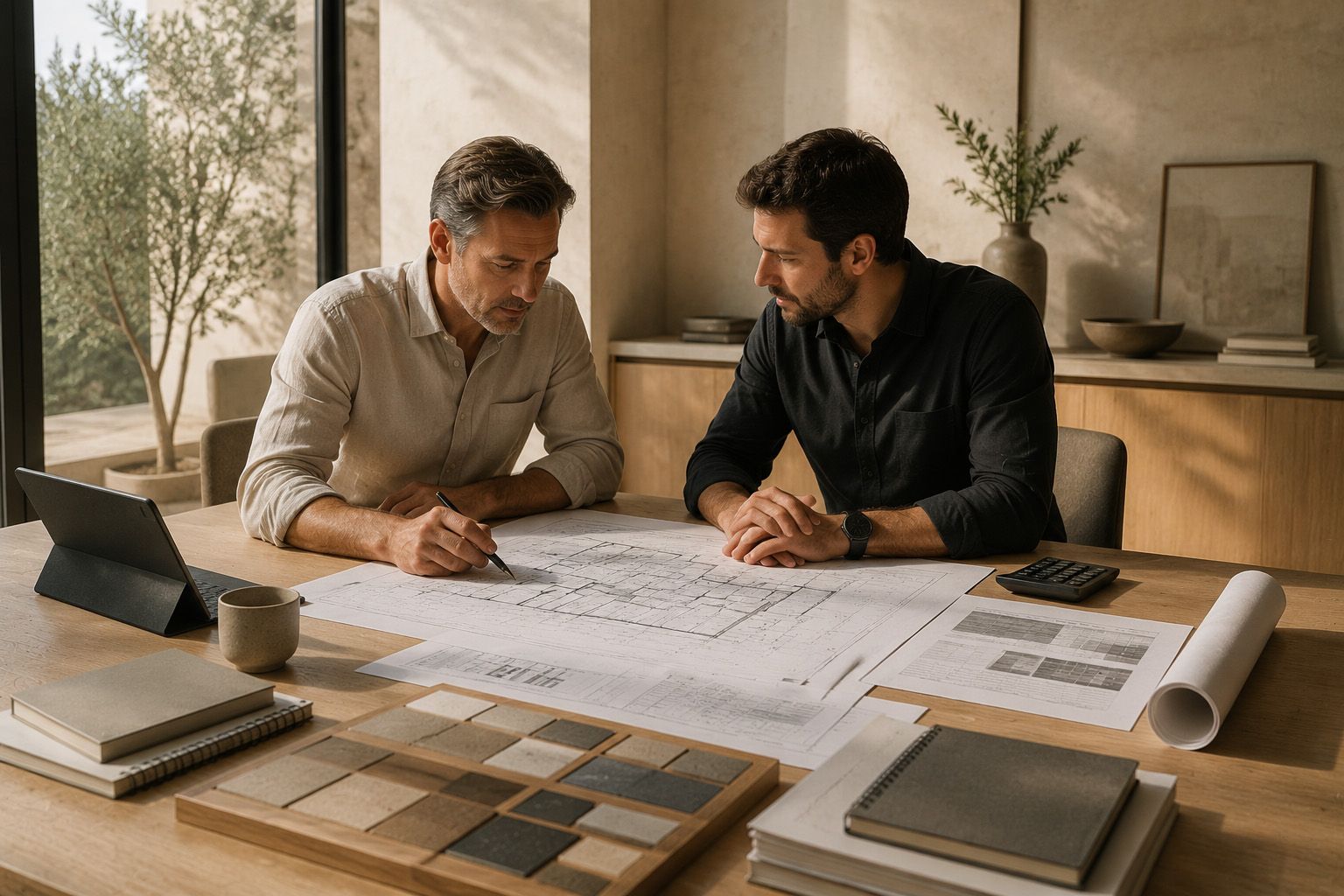 Architects and contractors reviewing commercial building budget blueprint