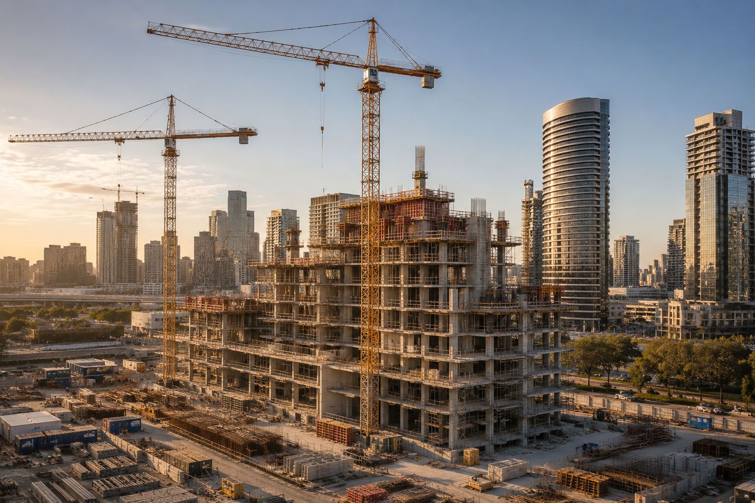 Large scale commercial construction site tower cranes high rise building