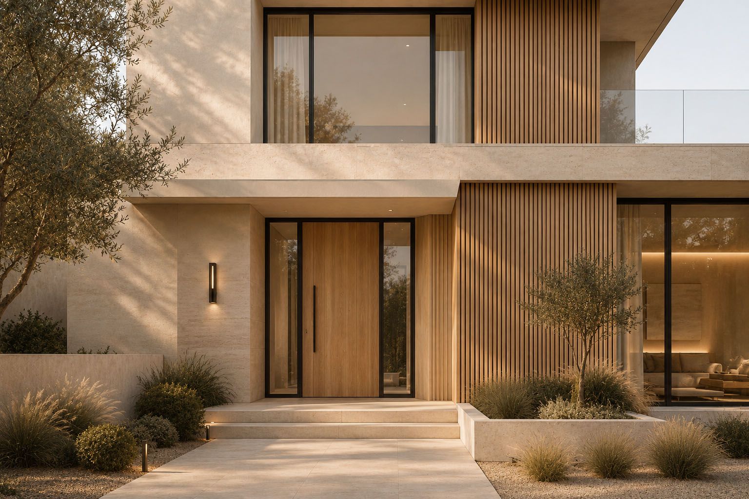 Modern luxury building facade architectural windows and designer front door
