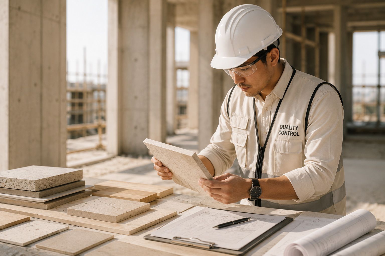 Quality control engineer inspecting building materials construction site safety